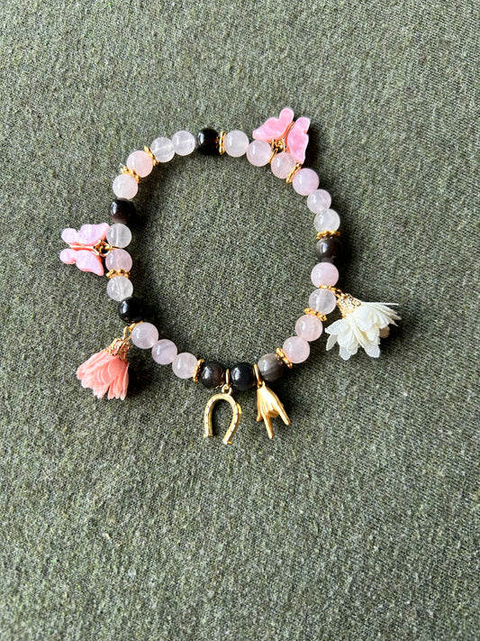 Black Obsidian and Rose Quartz Charm Bracelet